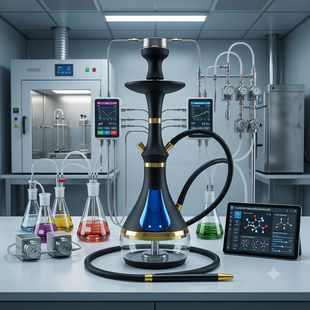 Modern flavor R&D laboratory with glass flasks and digital sensors
