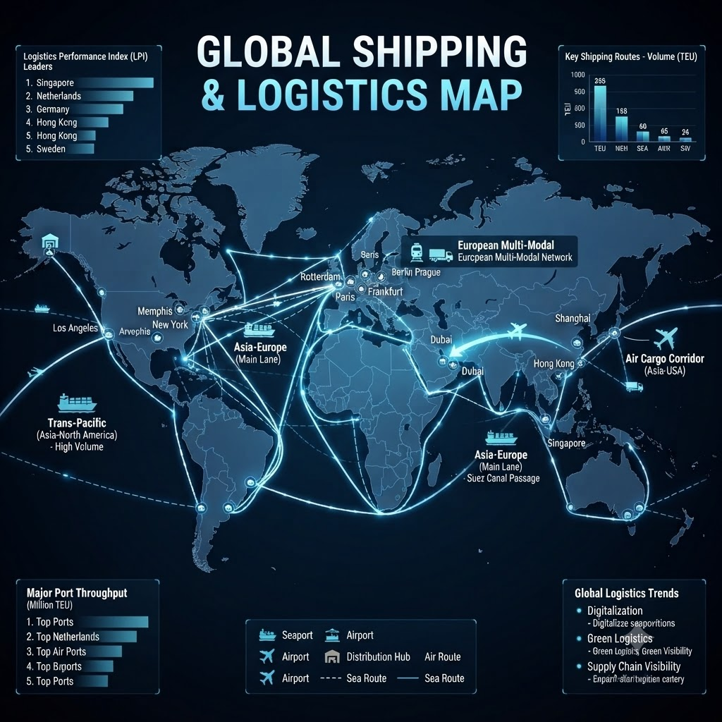 Global shipping and logistics map