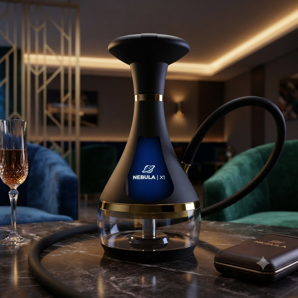 electric hookah device with sleek branding in a luxury lounge setting