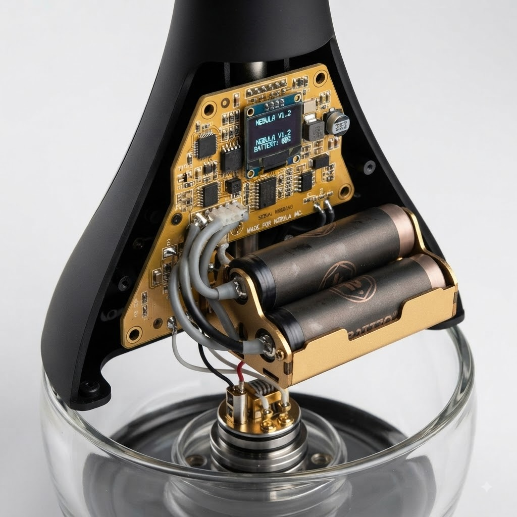 Close-up of high-quality internal e-hookah circuitry and battery