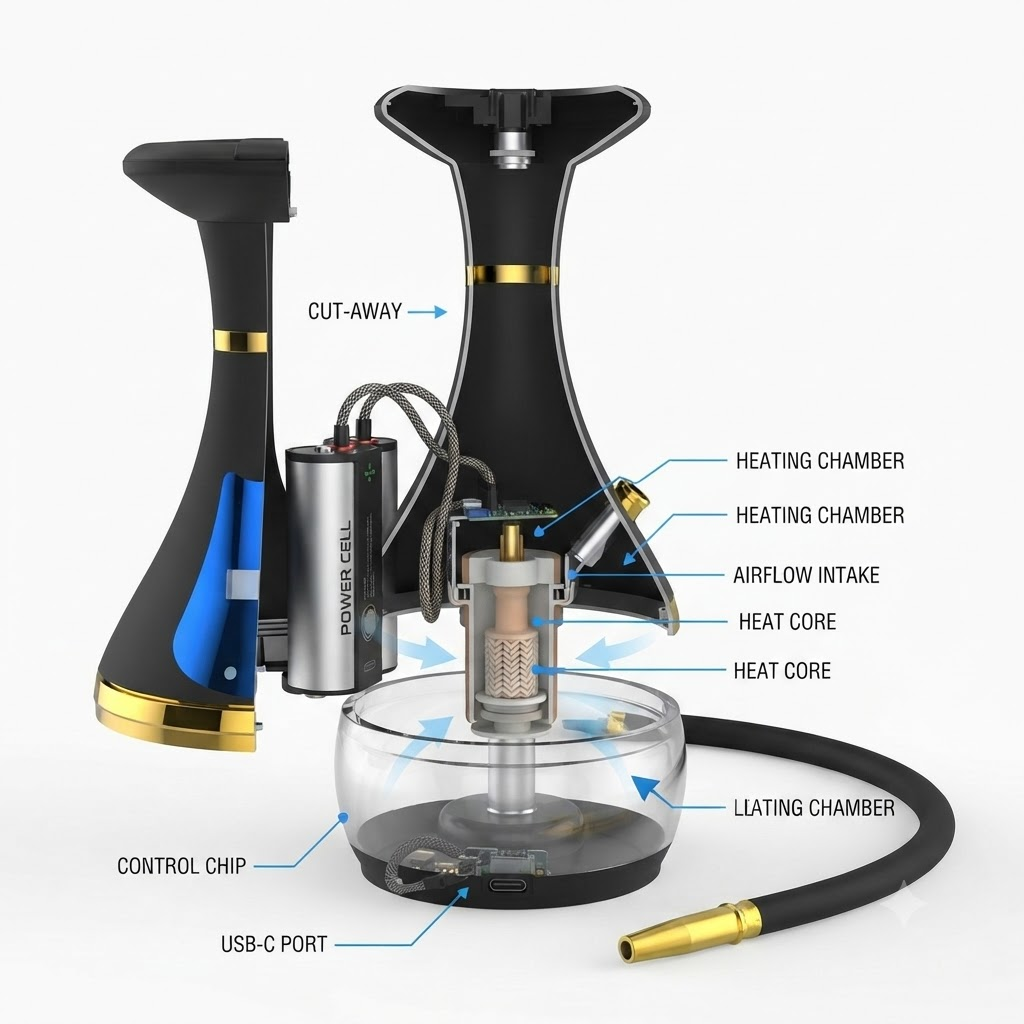 Electric hookah internal components battery and heating element.