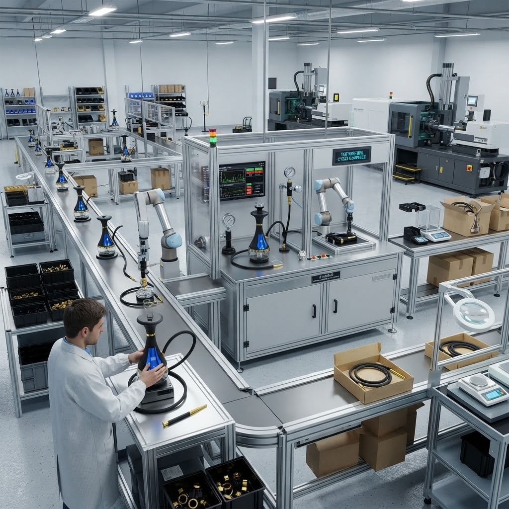 Industrial e-hookah manufacturing line and testing rig