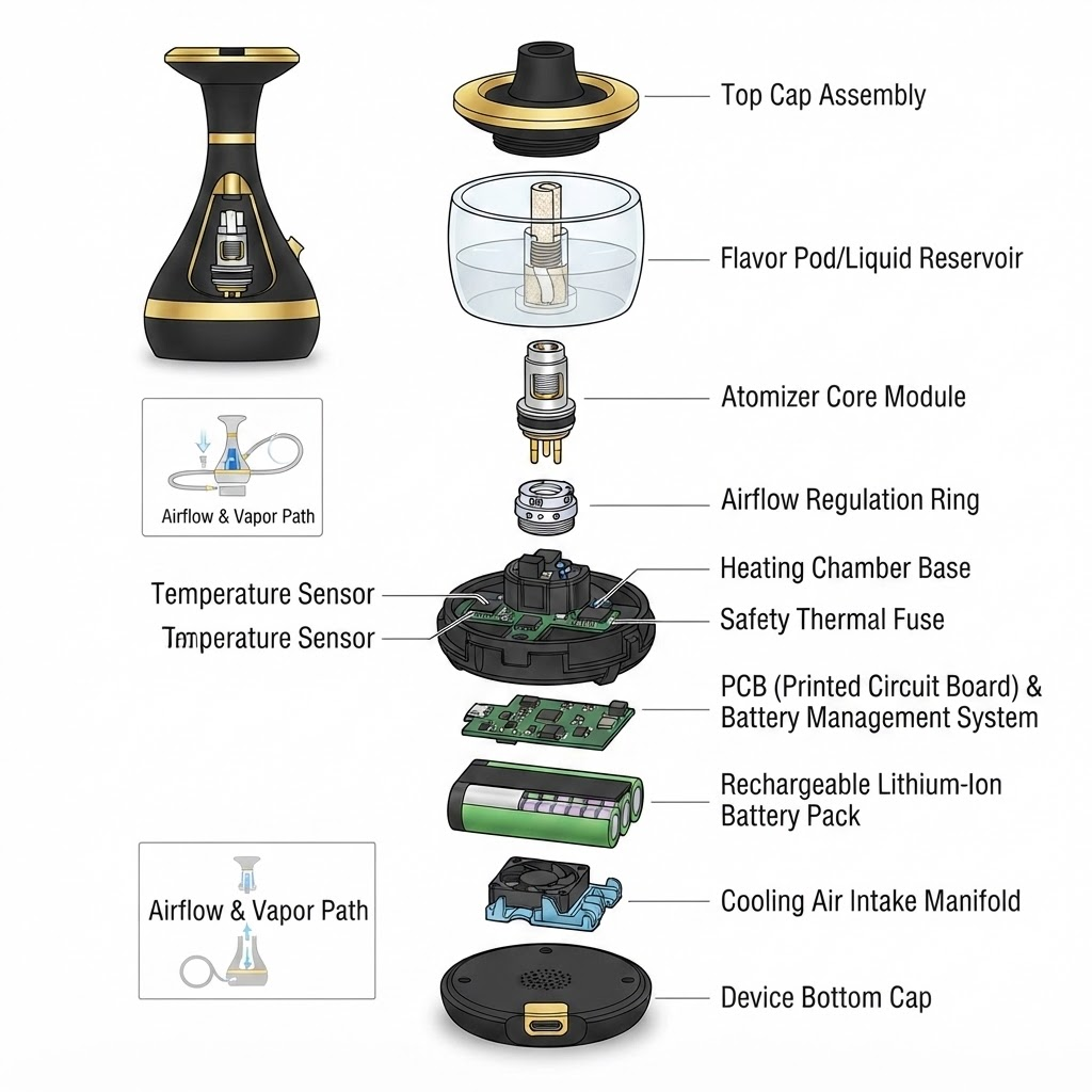 Exploded view diagram of an electric hookah internal heating chamber
