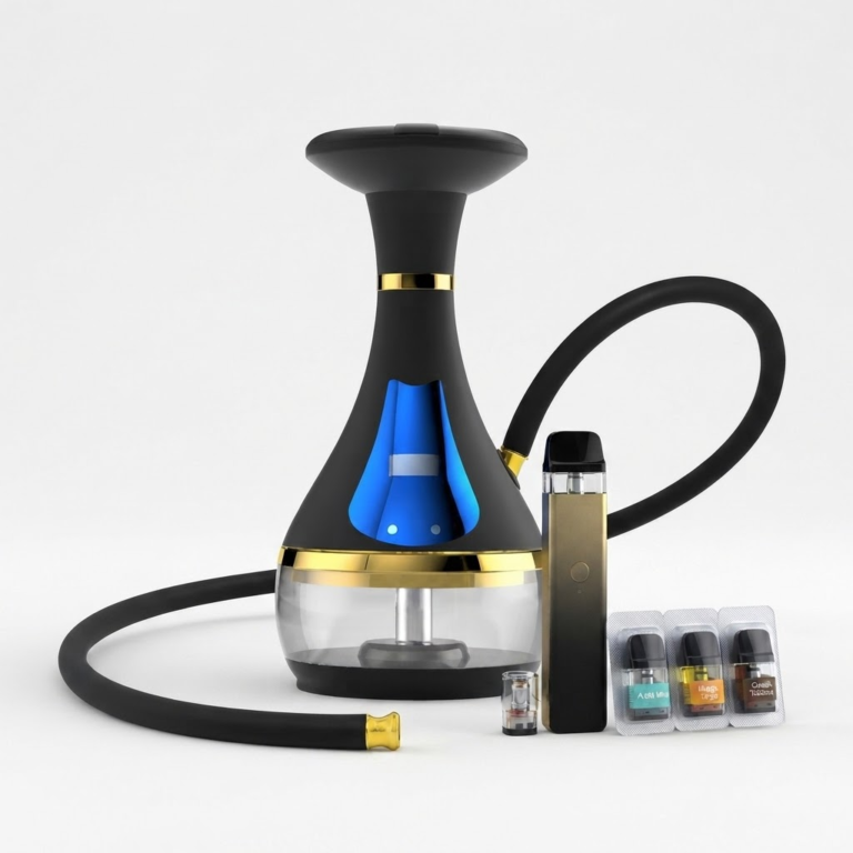 Modern electronic hookah device next to pod accessories