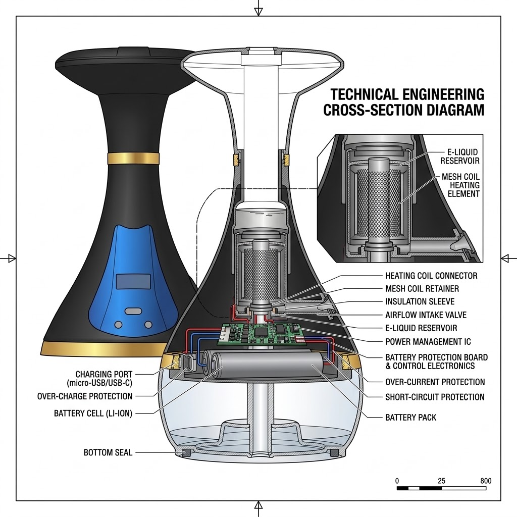 technical engineering breakdown cross section diagram of an electronic hookah heating chamber showing mesh coil and battery protection board