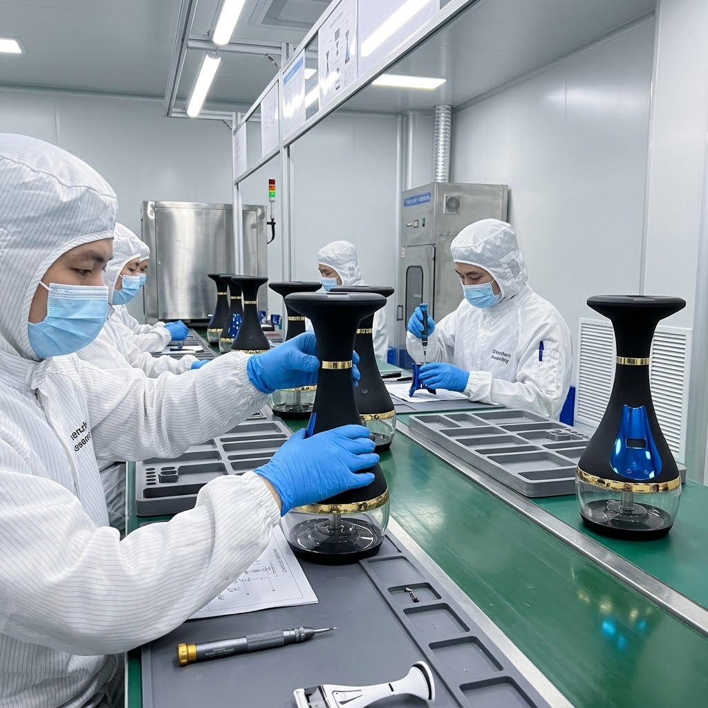 cleanroom production line in Shenzhen assembly facility workers assembling sleek modern electric hookah devices